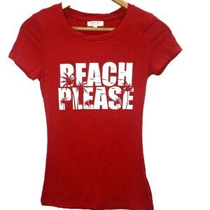 HEART & HIPS T-Shirt Cap Sleeve Graphic Beach Please Fitted Top Womens S Red